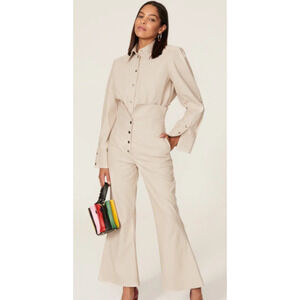 Sara Battaglia High Waist Faux Leather Pants Trouser Off-white Women's Size S